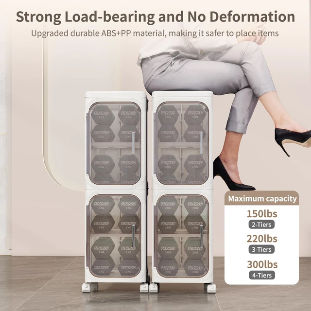 Alt view image 5 of 7 - 4 Tier Slim Bathroom Storage Cabinet, Foldable and Movable, White
Tools Free, ABS and PET, Magnetic Clear Door, Adjustable Shelves, Lockable Wheels, Water Resistant, For Narrow Space