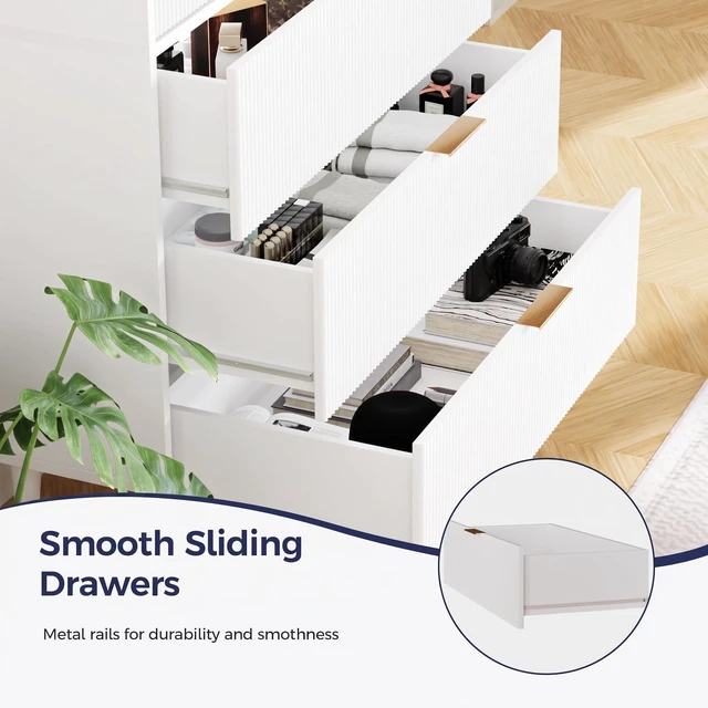 Alt view image 4 of 7 - Kitchen Pantry Cabinet with 3 Drawers & Adjustable Shelves, White
Wood Cupboard, Farmhouse Fluted Tall Storage Cabinet, Mid-century Modern Furniture, for Living Room, Dining Room, Home Office