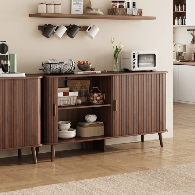 Alt view image 7 of 7 - 55" Fluted Sideboard Buffet Cabinet with Sliding Door, Mid-Century Modern Wood Sideboard, Adjustable Shelf, Coffee Bar Cabinet with Storage for Kitchen, Walnut