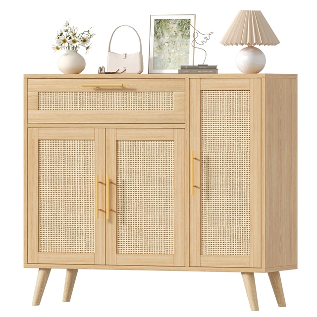 Alt view image 7 of 7 - Kitchen Buffet Cabinet with 3 Doors, Rattan Storage Cabinet
Coffee Bar Cabinet with Adjustable Shelves & Drawer, Sideboard Cabinet with Solid Wood Legs for Living Room, Natural Oak