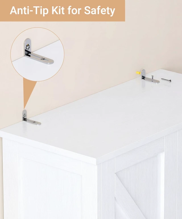 Alt view image 7 of 7 - 63''H Tall Farmhouse Bathroom Storage Cabinet with 4 Doors White
Floor Storage Cabinet with Barn Doors, Adjustable Shelf, Pantry Cabinet for Kitchen, Laundry Room, Living Room, Entryway