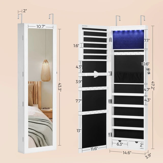 Alt view image 5 of 7 - 6 LEDs Mirror Jewelry Cabinet, 47.2-Inch Tall Lockable Wall or Door Mounted Jewelry Armoire Organizer with Mirror, 2 Drawers, 3.9 x 14.6 x 47.2 Inches, White UJJC93W