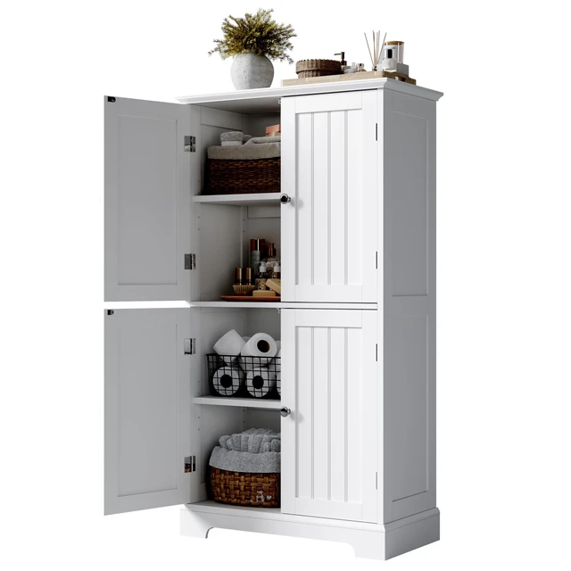Alt view image 7 of 7 - Bathroom Floor Cabinet with Adjustable Shelves
Bathroom Storage Cabinet, 4 Doors, Freestanding Cupboard for Living Room, White