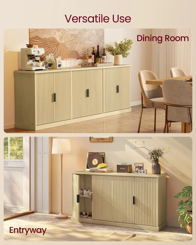 Alt view image 5 of 7 - Contemporary Buffet Cabinet with Adjustable Shelves, Fluted Doors
Console Cabinet, Sideboard, Buffet Table, Kitchen Pantry, Oak Beige, MAXE Collection UBBK382Y01S