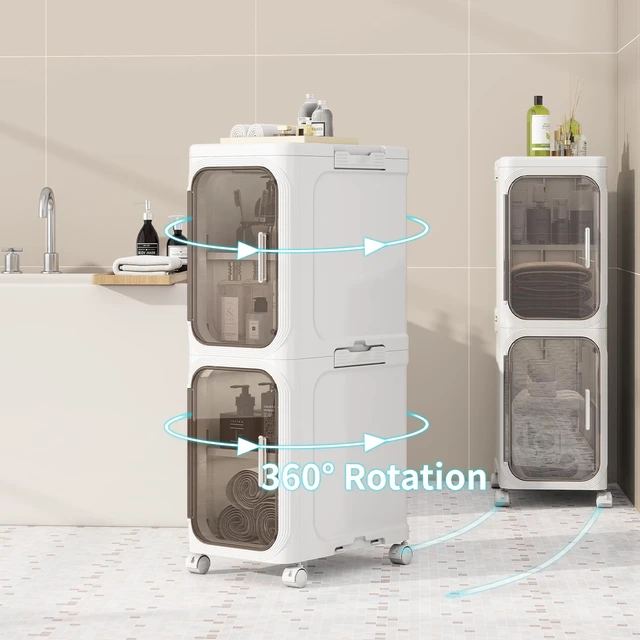 Alt view image 6 of 7 - 4 Tier Slim Bathroom Storage Cabinet, Foldable and Movable, White
Tools Free, ABS and PET, Magnetic Clear Door, Adjustable Shelves, Lockable Wheels, Water Resistant, For Narrow Space