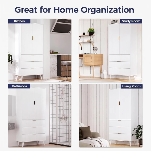 Alt view image 5 of 7 - Kitchen Pantry Cabinet with 3 Drawers & Adjustable Shelves, White
Wood Cupboard, Farmhouse Fluted Tall Storage Cabinet, Mid-century Modern Furniture, for Living Room, Dining Room, Home Office