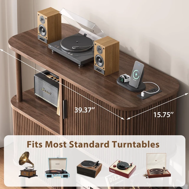 Alt view image 5 of 7 - 40" Large Record Player Stand with Charging Station, Mid Century Modern Turntable Cabinet with Sliding Doors, Wood Vinyl Record Storage Stand for Living Room Music Corner