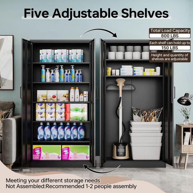 Alt view image 4 of 7 - Storage Cabinet, 71" Tall Storage Cabinets with 2 Doors and 5 Adjustable Shelves, Steel Utility Tool Caninet, Black Locking Caninets, Lockable File Cabnet for Home/Office/School