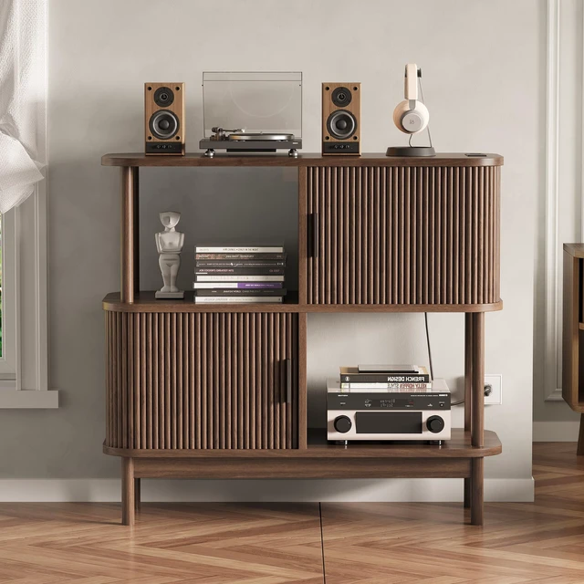 Alt view image 6 of 7 - 40" Large Record Player Stand with Charging Station, Mid Century Modern Turntable Cabinet with Sliding Doors, Wood Vinyl Record Storage Stand for Living Room Music Corner