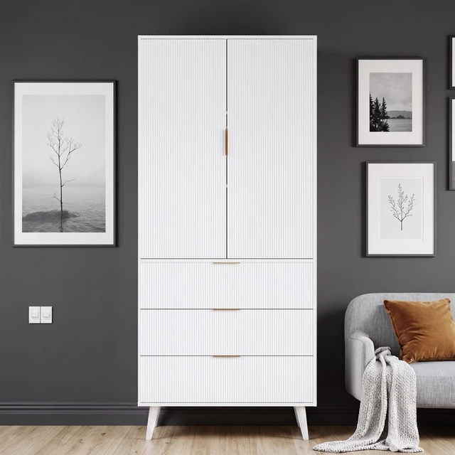 Alt view image 6 of 7 - Kitchen Pantry Cabinet with 3 Drawers & Adjustable Shelves, White
Wood Cupboard, Farmhouse Fluted Tall Storage Cabinet, Mid-century Modern Furniture, for Living Room, Dining Room, Home Office