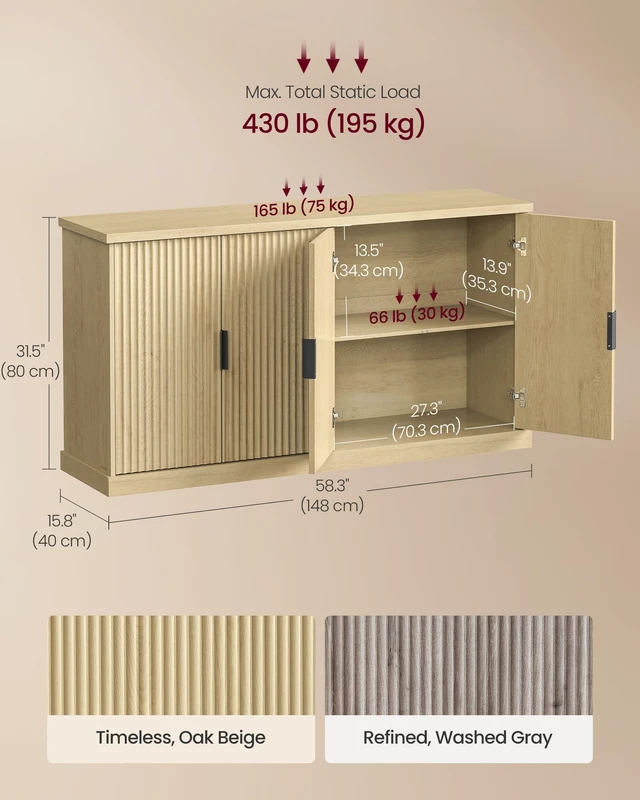 Alt view image 6 of 7 - Contemporary Buffet Cabinet with Adjustable Shelves, Fluted Doors
Console Cabinet, Sideboard, Buffet Table, Kitchen Pantry, Oak Beige, MAXE Collection UBBK382Y01S