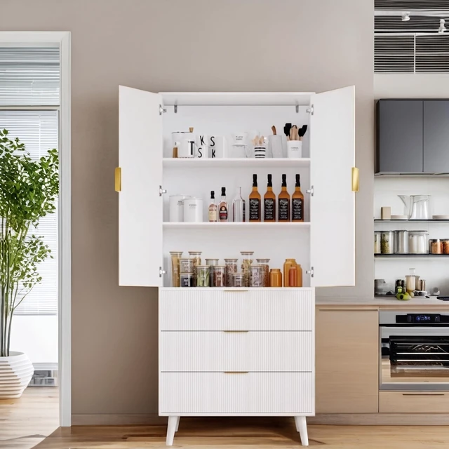Alt view image 7 of 7 - Kitchen Pantry Cabinet with 3 Drawers & Adjustable Shelves, White
Wood Cupboard, Farmhouse Fluted Tall Storage Cabinet, Mid-century Modern Furniture, for Living Room, Dining Room, Home Office