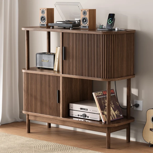 Alt view image 7 of 7 - 40" Large Record Player Stand with Charging Station, Mid Century Modern Turntable Cabinet with Sliding Doors, Wood Vinyl Record Storage Stand for Living Room Music Corner
