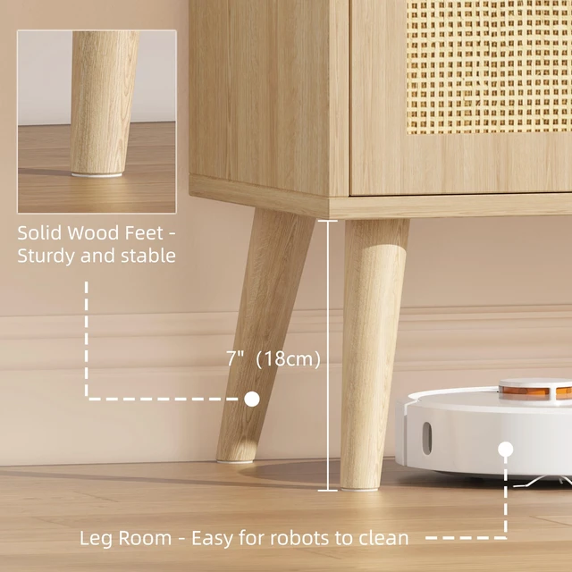 Alt view image 4 of 6 - Rattan Storage Cabinet with 2 Doors & Adjustable Shelf, Natural
Wooden Buffet Sideboard Cabinet with Solid Wood Leg, Boho Floor Cabinet, Accent Coffee Bar for Kitchen, Living Room, Entryway