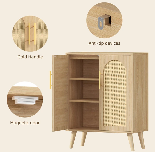 Alt view image 5 of 6 - Rattan Storage Cabinet with 2 Doors & Adjustable Shelf, Natural
Wooden Buffet Sideboard Cabinet with Solid Wood Leg, Boho Floor Cabinet, Accent Coffee Bar for Kitchen, Living Room, Entryway