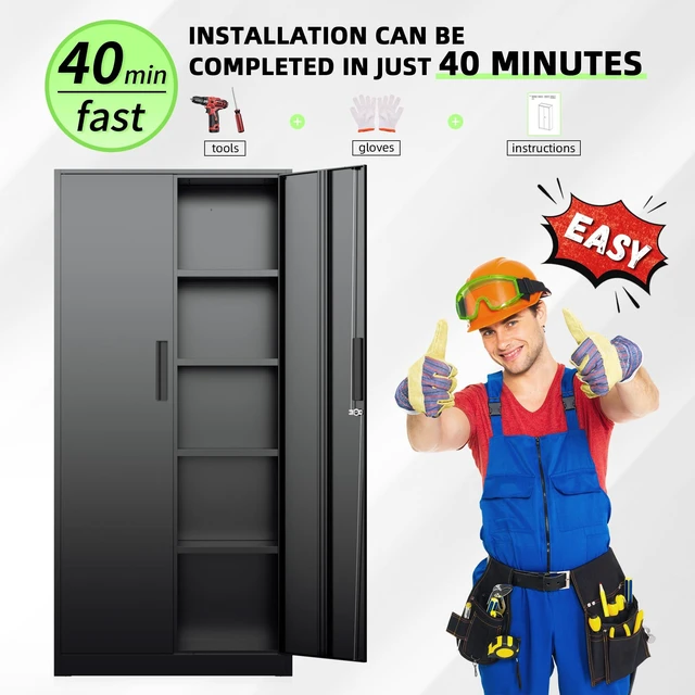 Alt view image 6 of 6 - Black Metal Storage Cabinet, 72" Locking Steel Cabinets with 2 Door and 4 Adjustable Shelves, Tall Metal Cabinet for Home Office, Garage, Warehouse