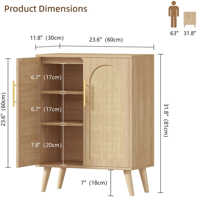 Alt view image 6 of 6 - Rattan Storage Cabinet with 2 Doors & Adjustable Shelf, Natural
Wooden Buffet Sideboard Cabinet with Solid Wood Leg, Boho Floor Cabinet, Accent Coffee Bar for Kitchen, Living Room, Entryway