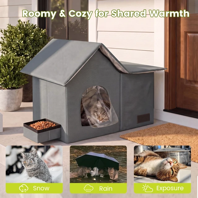 Alt view image 2 of 7 - Cat Houses for Outdoor Cats-Large Weatherproof Cat Bed for Indoor Cats,Collapsible Warm Feral Cat Shelter with Removable Soft Mat and Bowl for Winter,Gray