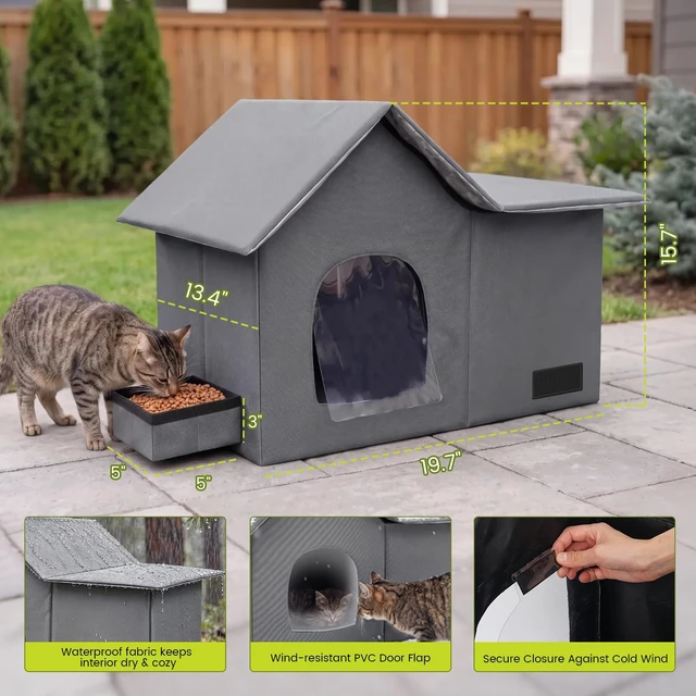 Alt view image 3 of 7 - Cat Houses for Outdoor Cats-Large Weatherproof Cat Bed for Indoor Cats,Collapsible Warm Feral Cat Shelter with Removable Soft Mat and Bowl for Winter,Gray