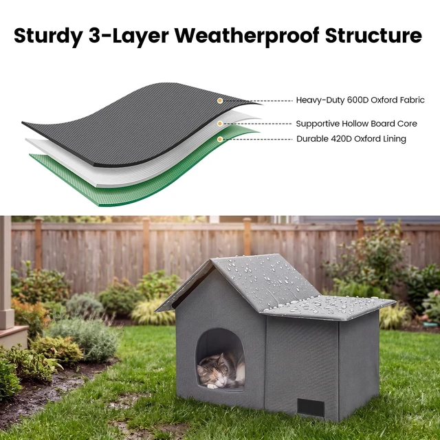 Alt view image 5 of 7 - Cat Houses for Outdoor Cats-Large Weatherproof Cat Bed for Indoor Cats,Collapsible Warm Feral Cat Shelter with Removable Soft Mat and Bowl for Winter,Gray