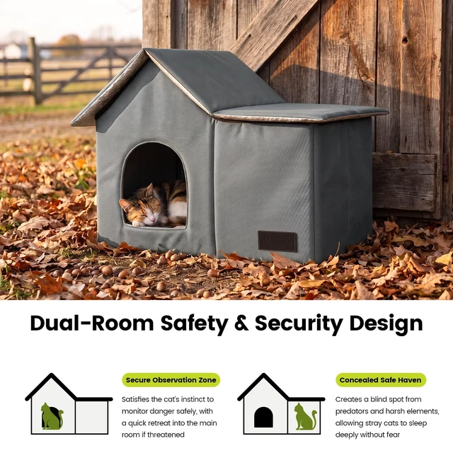 Alt view image 6 of 7 - Cat Houses for Outdoor Cats-Large Weatherproof Cat Bed for Indoor Cats,Collapsible Warm Feral Cat Shelter with Removable Soft Mat and Bowl for Winter,Gray