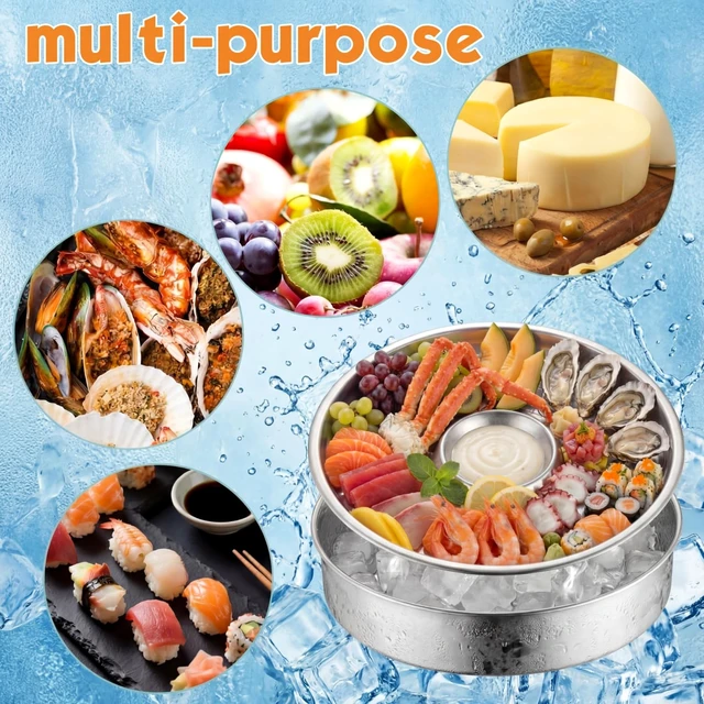Alt view image 3 of 7 - 2 Sets Chilled Shrimp Serving Tray with Ice Tray for Party 10"
Cocktail Serving Dish, Stainless Steel Round Iced Cooling Platter with Dip Compartment for Oysters Crawfish Fruits Seafood