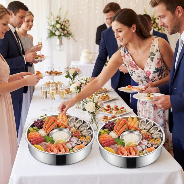 Alt view image 4 of 7 - 2 Sets Chilled Shrimp Serving Tray with Ice Tray for Party 10"
Cocktail Serving Dish, Stainless Steel Round Iced Cooling Platter with Dip Compartment for Oysters Crawfish Fruits Seafood