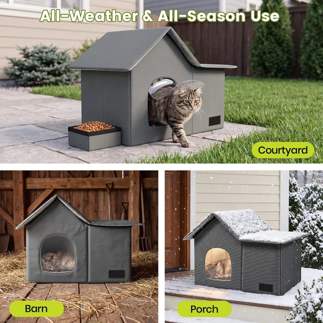 Alt view image 7 of 7 - Cat Houses for Outdoor Cats-Large Weatherproof Cat Bed for Indoor Cats,Collapsible Warm Feral Cat Shelter with Removable Soft Mat and Bowl for Winter,Gray