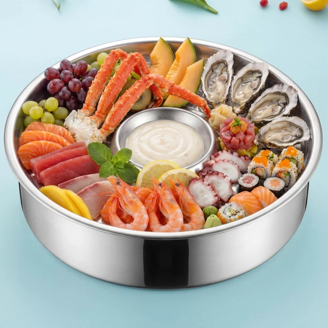 Alt view image 7 of 7 - 2 Sets Chilled Shrimp Serving Tray with Ice Tray for Party 10"
Cocktail Serving Dish, Stainless Steel Round Iced Cooling Platter with Dip Compartment for Oysters Crawfish Fruits Seafood