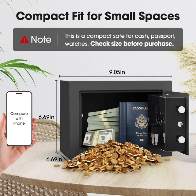 Alt view image 2 of 7 - Small Kids Safe, Digital Mini Safes, Money Safe Box, Black
Programmable Keypad, Alarm System, Spare Keys, Security Cabinet Safe for Cash, Personal Items, Dorm, Home