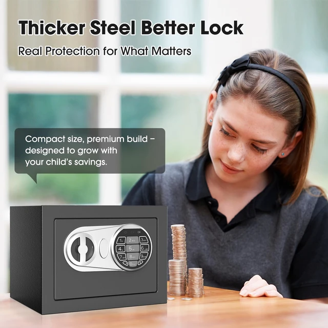 Alt view image 4 of 7 - Small Kids Safe, Digital Mini Safes, Money Safe Box, Black
Programmable Keypad, Alarm System, Spare Keys, Security Cabinet Safe for Cash, Personal Items, Dorm, Home