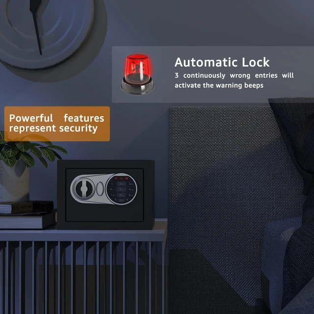 Alt view image 6 of 7 - Small Kids Safe, Digital Mini Safes, Money Safe Box, Black
Programmable Keypad, Alarm System, Spare Keys, Security Cabinet Safe for Cash, Personal Items, Dorm, Home