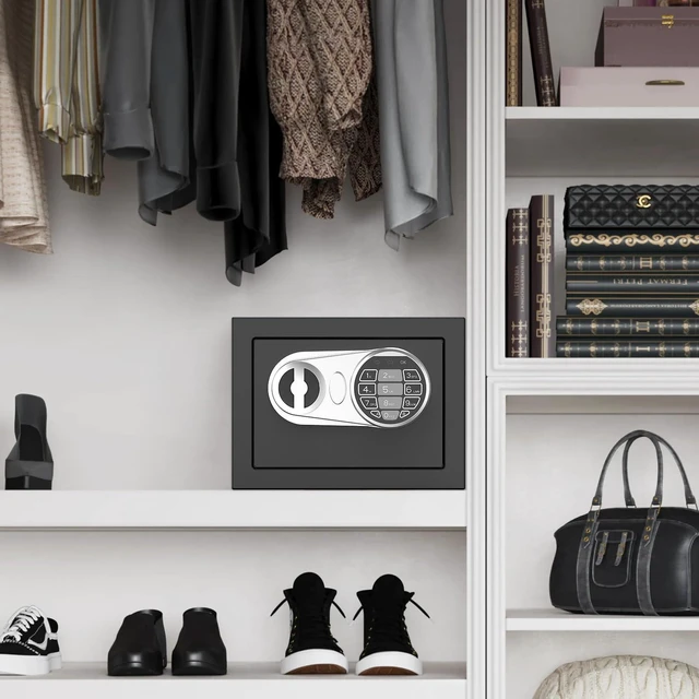 Alt view image 7 of 7 - Small Kids Safe, Digital Mini Safes, Money Safe Box, Black
Programmable Keypad, Alarm System, Spare Keys, Security Cabinet Safe for Cash, Personal Items, Dorm, Home
