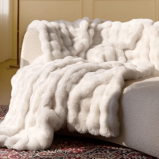Main image of Ultra Soft Cozy Faux Fur Throw Blanket, Fuzzy Plush Thick Bubble Blanket, Luxury Fluffy Blanket for Couch, Sofa, Bedroom, and Living Room, 50x60 Inches, Cream White