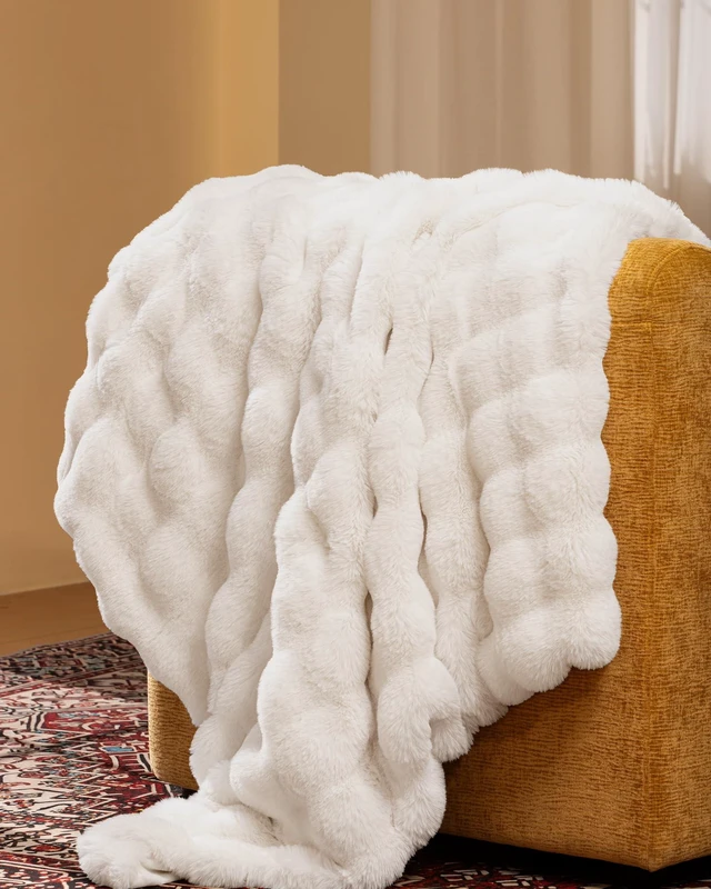 Alt view image 2 of 7 - Ultra Soft Cozy Faux Fur Throw Blanket, Fuzzy Plush Thick Bubble Blanket, Luxury Fluffy Blanket for Couch, Sofa, Bedroom, and Living Room, 50x60 Inches, Cream White
