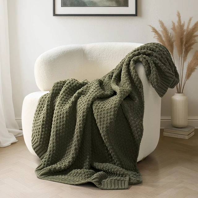 Main image of Chunky Chenille Knit Throw Blanket, 50 x 60, Olive Green
Sculpted Moss Stitch, Chic Modern Farmhouse, All-Season Warmth, OEKO-TEX® Certified, Elegant Blanket for Couch, Bed, Sofa