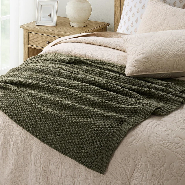 Alt view image 4 of 7 - Chunky Chenille Knit Throw Blanket, 50 x 60, Olive Green
Sculpted Moss Stitch, Chic Modern Farmhouse, All-Season Warmth, OEKO-TEX® Certified, Elegant Blanket for Couch, Bed, Sofa