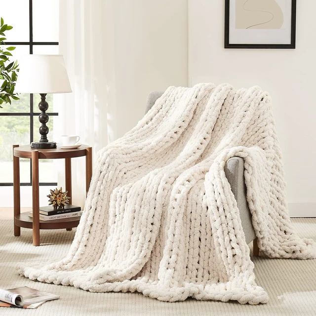 Main image of Chunky Knit Throw Blanket for Couch, 50'' x 60'' Knit Throw, Ivory
Handmade Chenille Crochet Blanket for Sofa Bed, Thick Cable Knitted Blankets for Room Home Decor, Birthday Gift for Women Mom