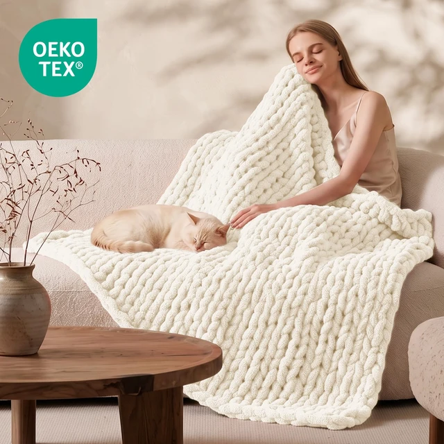 Alt view image 2 of 7 - Chunky Knit Throw Blanket for Couch, 50'' x 60'' Knit Throw, Ivory
Handmade Chenille Crochet Blanket for Sofa Bed, Thick Cable Knitted Blankets for Room Home Decor, Birthday Gift for Women Mom