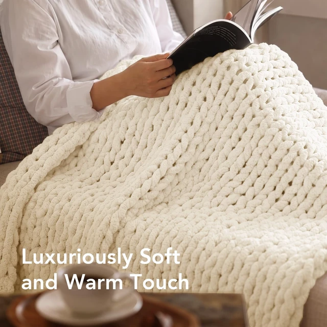 Alt view image 3 of 7 - Chunky Knit Throw Blanket for Couch, 50'' x 60'' Knit Throw, Ivory
Handmade Chenille Crochet Blanket for Sofa Bed, Thick Cable Knitted Blankets for Room Home Decor, Birthday Gift for Women Mom