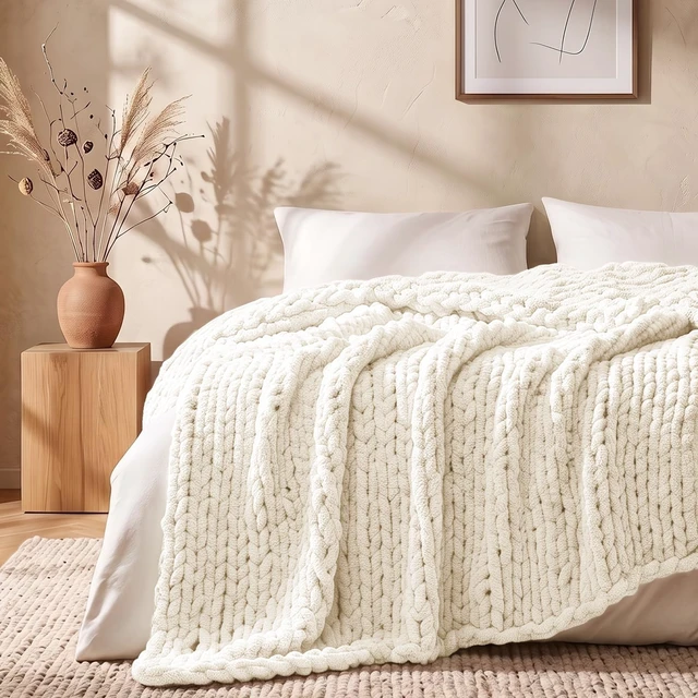Alt view image 4 of 7 - Chunky Knit Throw Blanket for Couch, 50'' x 60'' Knit Throw, Ivory
Handmade Chenille Crochet Blanket for Sofa Bed, Thick Cable Knitted Blankets for Room Home Decor, Birthday Gift for Women Mom