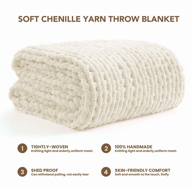 Alt view image 7 of 7 - Chunky Knit Throw Blanket for Couch, 50'' x 60'' Knit Throw, Ivory
Handmade Chenille Crochet Blanket for Sofa Bed, Thick Cable Knitted Blankets for Room Home Decor, Birthday Gift for Women Mom