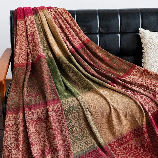 Main image of Boho Sofa Couch Throw Blanket Slipcover, Bed Recliner Chair Throws Sofa Cover Colorful Chenille Woven Bohemian Decor - Large Oversized 87" x 103" Green Wine Red
