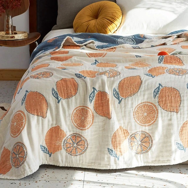 Main image of Lemon 100% Cotton Muslin Blanket Throw Cover for Bed Couch Sofa Cozy Soft Reversible Bedding Lightweight Warm Bedspread Quilt Coverlet Full Queen F/Q 80 in x 90 in