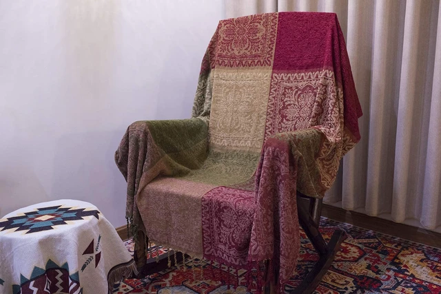 Alt view image 2 of 6 - Boho Sofa Couch Throw Blanket Slipcover, Bed Recliner Chair Throws Sofa Cover Colorful Chenille Woven Bohemian Decor - Large Oversized 87" x 103" Green Wine Red