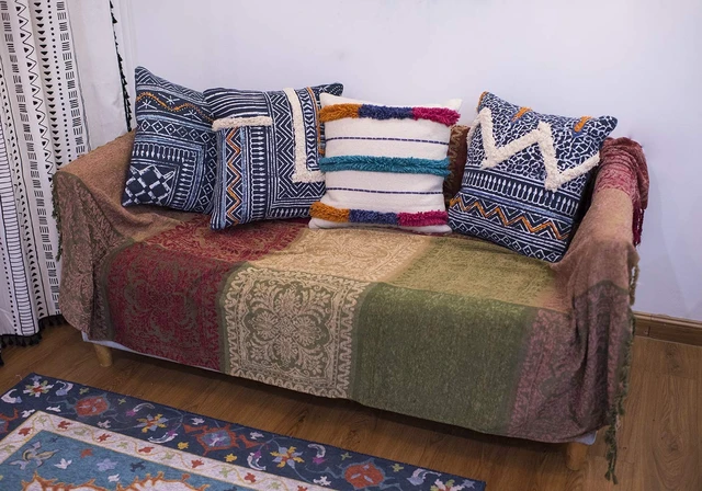 Alt view image 4 of 6 - Boho Sofa Couch Throw Blanket Slipcover, Bed Recliner Chair Throws Sofa Cover Colorful Chenille Woven Bohemian Decor - Large Oversized 87" x 103" Green Wine Red