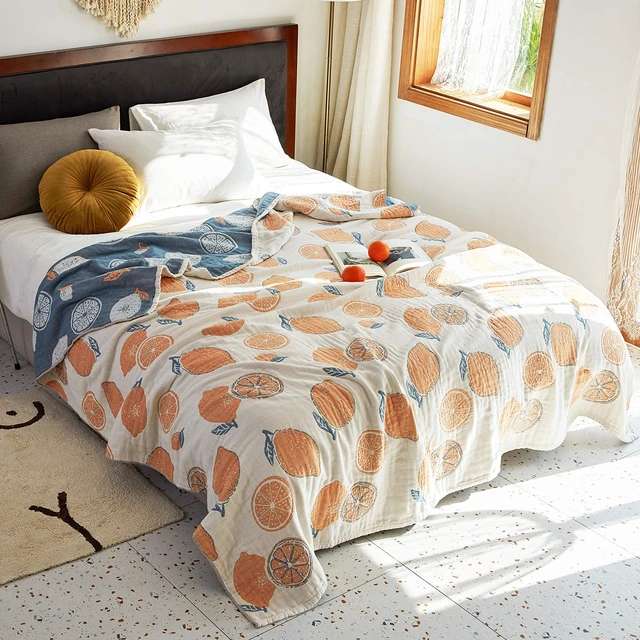 Alt view image 2 of 4 - Lemon 100% Cotton Muslin Blanket Throw Cover for Bed Couch Sofa Cozy Soft Reversible Bedding Lightweight Warm Bedspread Quilt Coverlet Full Queen F/Q 80 in x 90 in