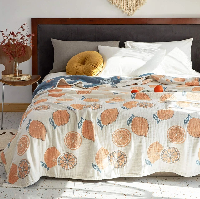 Alt view image 3 of 4 - Lemon 100% Cotton Muslin Blanket Throw Cover for Bed Couch Sofa Cozy Soft Reversible Bedding Lightweight Warm Bedspread Quilt Coverlet Full Queen F/Q 80 in x 90 in