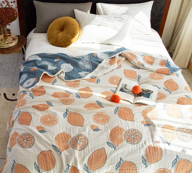 Alt view image 4 of 4 - Lemon 100% Cotton Muslin Blanket Throw Cover for Bed Couch Sofa Cozy Soft Reversible Bedding Lightweight Warm Bedspread Quilt Coverlet Full Queen F/Q 80 in x 90 in