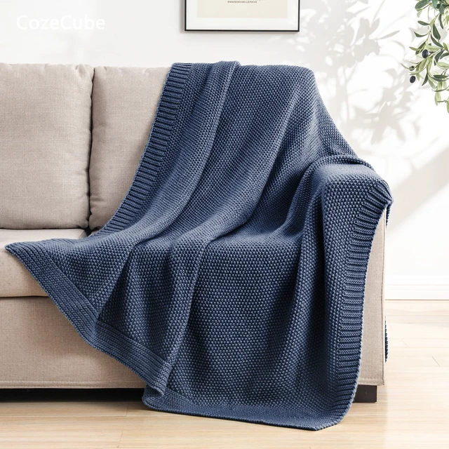 Alt view image 4 of 7 - Dusty Blue Seed Stitch Throw Blanket 60"x80", Farmhouse Decor